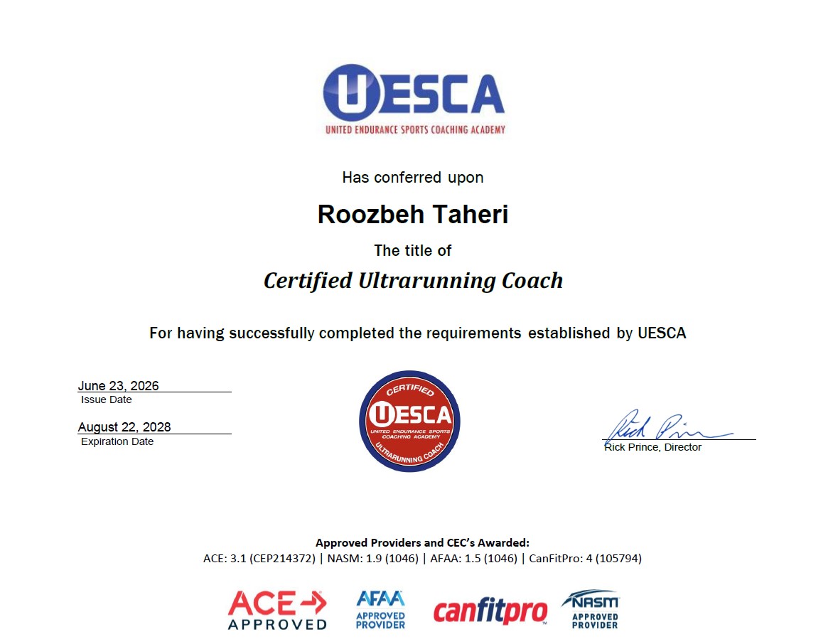 UESCA Ultrarunning Coach Certificate Renewed Roozbeh Taheri 06 23 2026